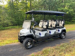 white 6 passenger evolution electric golf cart rental